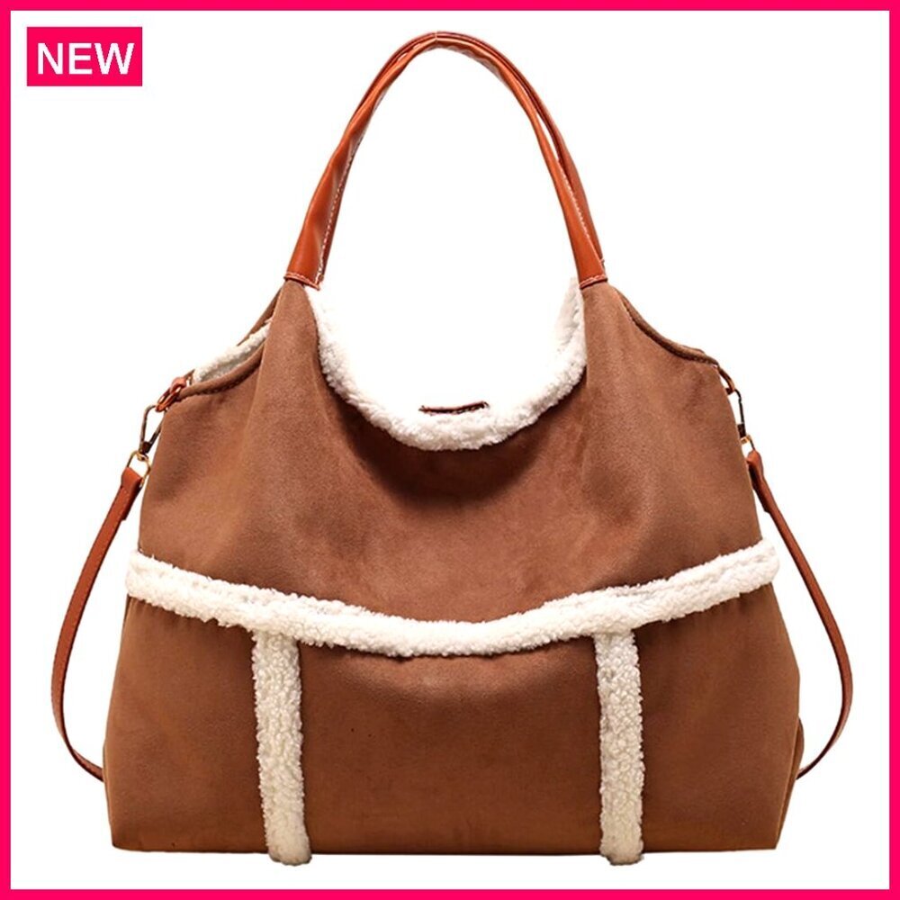 Large Suede Tote Bag with Faux Wool Lining Crossbody Shoulder Purse